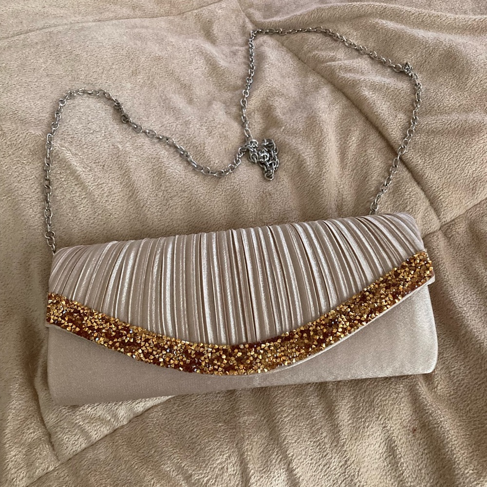 Chic Cream and Gold Clutch with Chain Strap